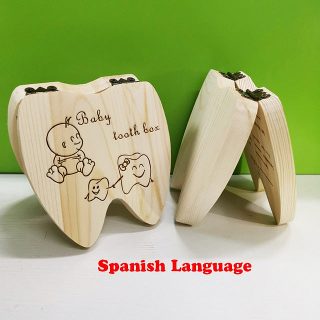 Wooden Baby Tooth Box English /Spanish /Portuguese Milk Teeth Umbilical Organizer Storage