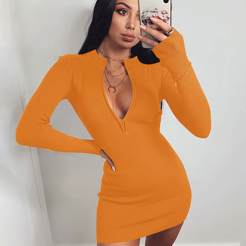 Women Deep V-neck Solid Stretch Bodycon Ribbed Dress