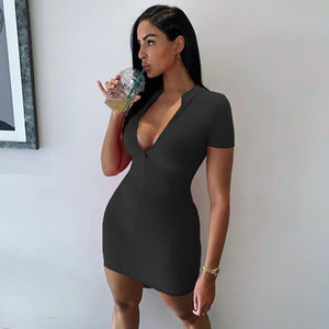 Women Deep V-neck Solid Stretch Bodycon Ribbed Dress