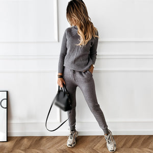 Women's Striped Turtleneck Sweater and Elastic Trousers Suits Knitted Two Piece Set