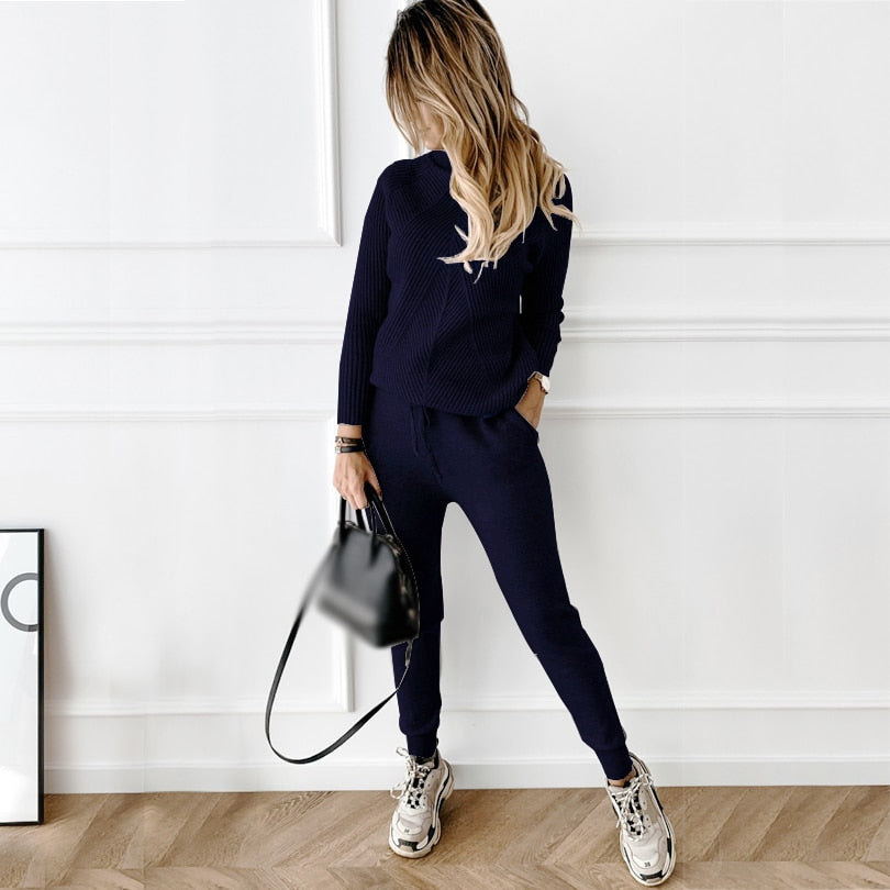 Women's Striped Turtleneck Sweater and Elastic Trousers Suits Knitted Two Piece Set