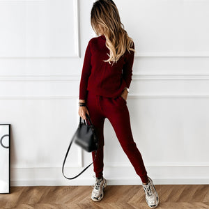 Women's Striped Turtleneck Sweater and Elastic Trousers Suits Knitted Two Piece Set