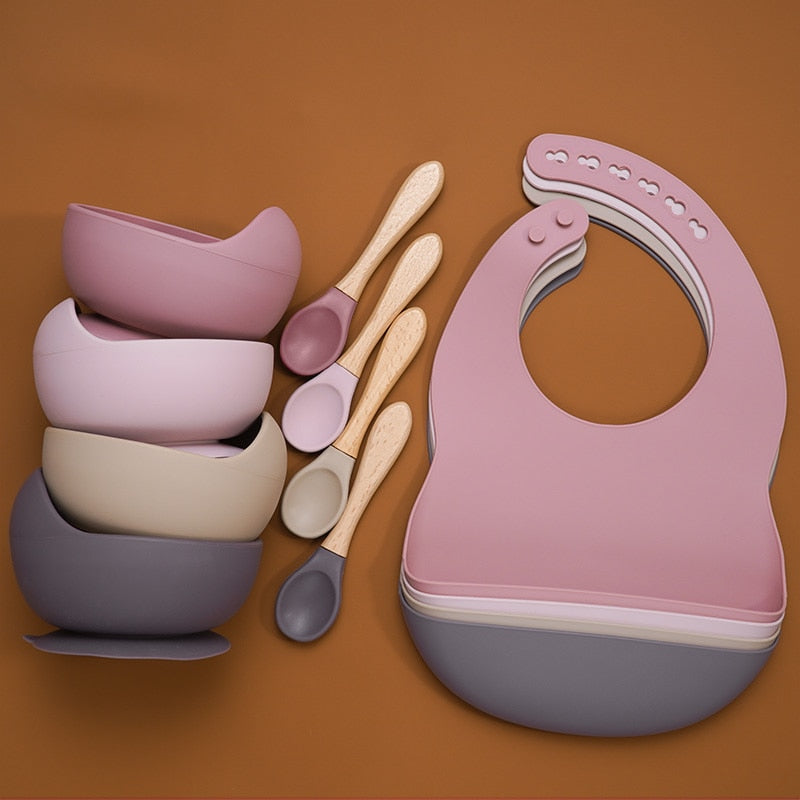 BPA Free Baby Silicone Tableware, Flexible Saliva Bib, Sucker Bowl And Spoon For Children