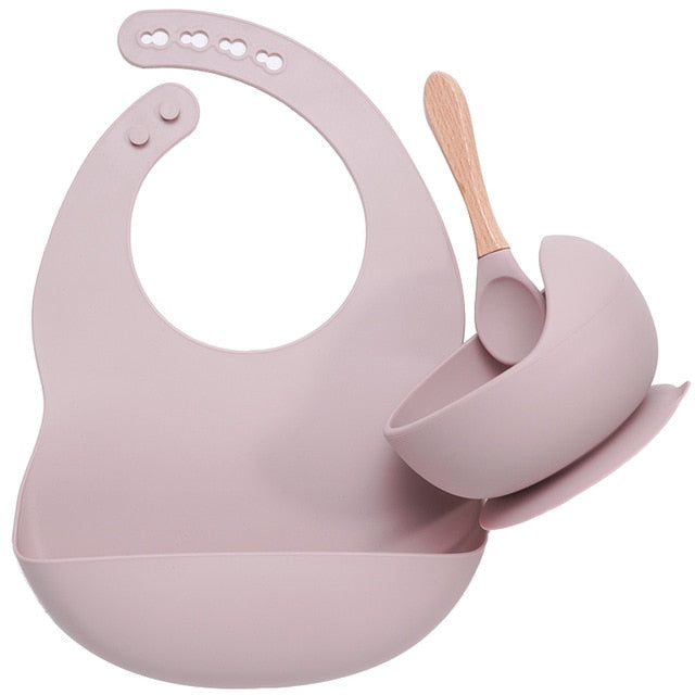 BPA Free Baby Silicone Tableware, Flexible Saliva Bib, Sucker Bowl And Spoon For Children