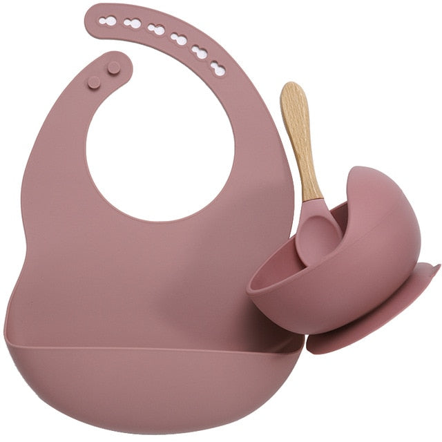 BPA Free Baby Silicone Tableware, Flexible Saliva Bib, Sucker Bowl And Spoon For Children