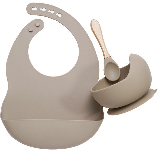 BPA Free Baby Silicone Tableware, Flexible Saliva Bib, Sucker Bowl And Spoon For Children