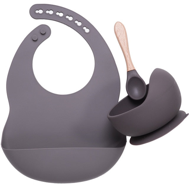 BPA Free Baby Silicone Tableware, Flexible Saliva Bib, Sucker Bowl And Spoon For Children