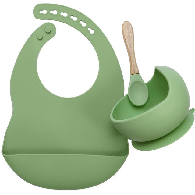 BPA Free Baby Silicone Tableware, Flexible Saliva Bib, Sucker Bowl And Spoon For Children