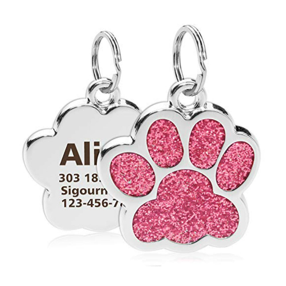 Personalized Dog Cat Engraved Pet ID Name Collar Tag  Paw Glitter Pendant