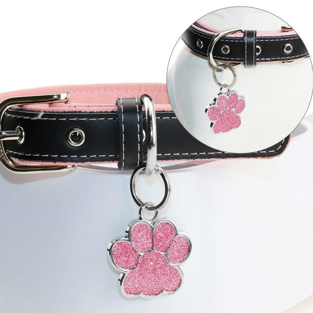 Personalized Dog Cat Engraved Pet ID Name Collar Tag  Paw Glitter Pendant