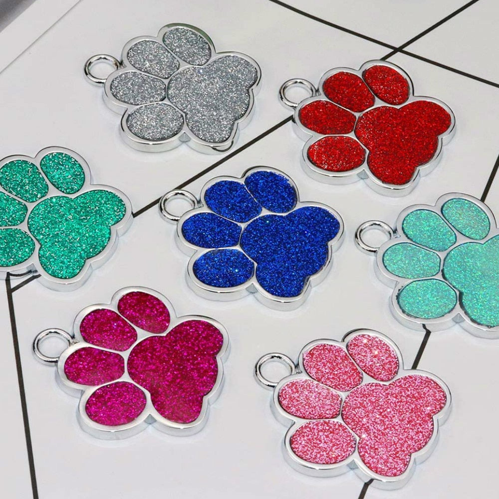 Personalized Dog Cat Engraved Pet ID Name Collar Tag  Paw Glitter Pendant