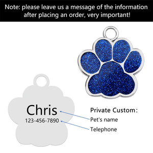 Personalized Dog Cat Engraved Pet ID Name Collar Tag  Paw Glitter Pendant