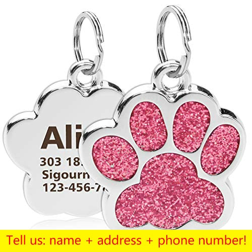 Personalized Dog Cat Engraved Pet ID Name Collar Tag  Paw Glitter Pendant