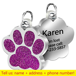 Personalized Dog Cat Engraved Pet ID Name Collar Tag  Paw Glitter Pendant