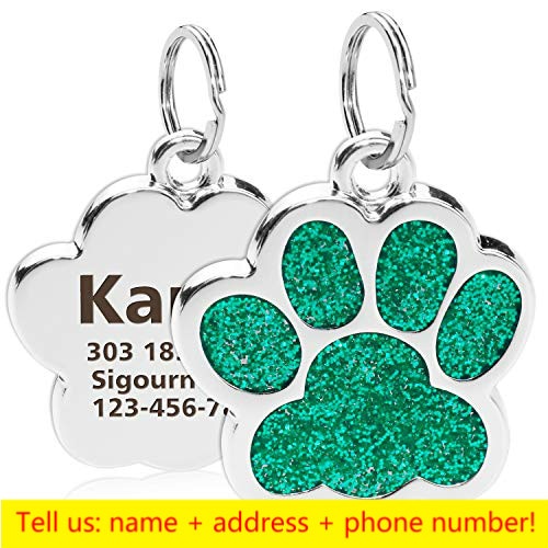 Personalized Dog Cat Engraved Pet ID Name Collar Tag  Paw Glitter Pendant