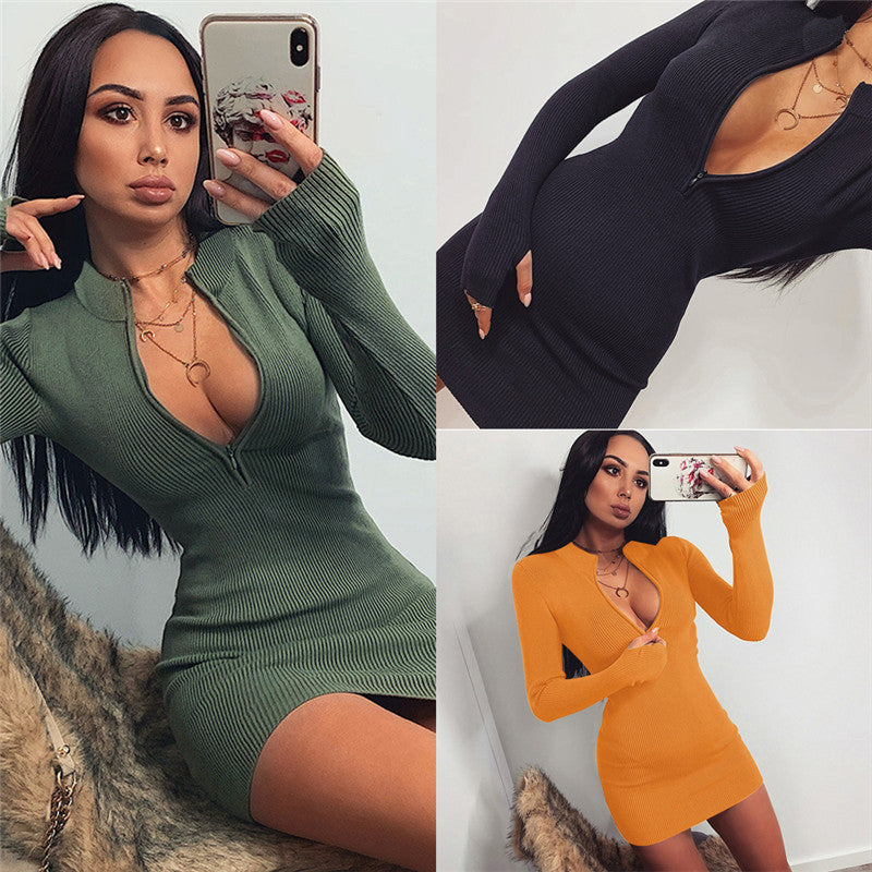 Women Deep V-neck Solid Stretch Bodycon Ribbed Dress