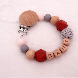 Free Personalized Name Silicone Wood Baby Teether Eco-friendly Pacifier Clips