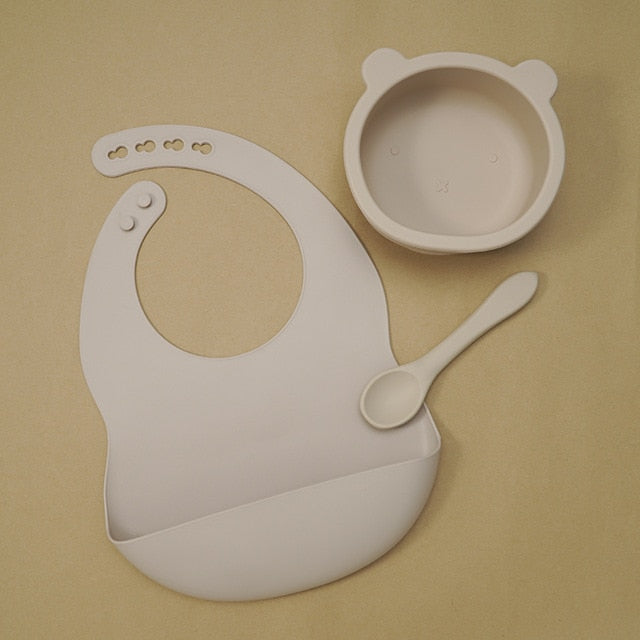 BPA Free Baby Silicone Tableware, Flexible Saliva Bib, Sucker Bowl And Spoon For Children