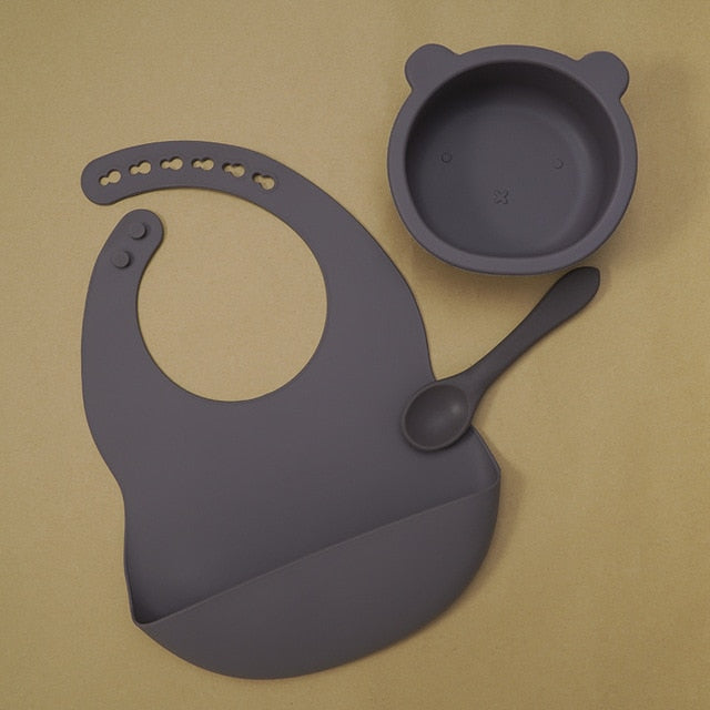 BPA Free Baby Silicone Tableware, Flexible Saliva Bib, Sucker Bowl And Spoon For Children