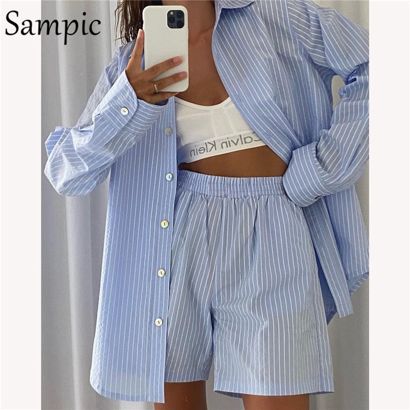 Stripe Long Sleeve Shirt Tops And Loose High Waisted Mini Shorts Two Piece Set