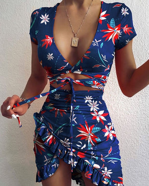 Floral Print Fashion Tie Up Wrap Ruffles Sundress