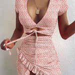 Floral Print Fashion Tie Up Wrap Ruffles Sundress