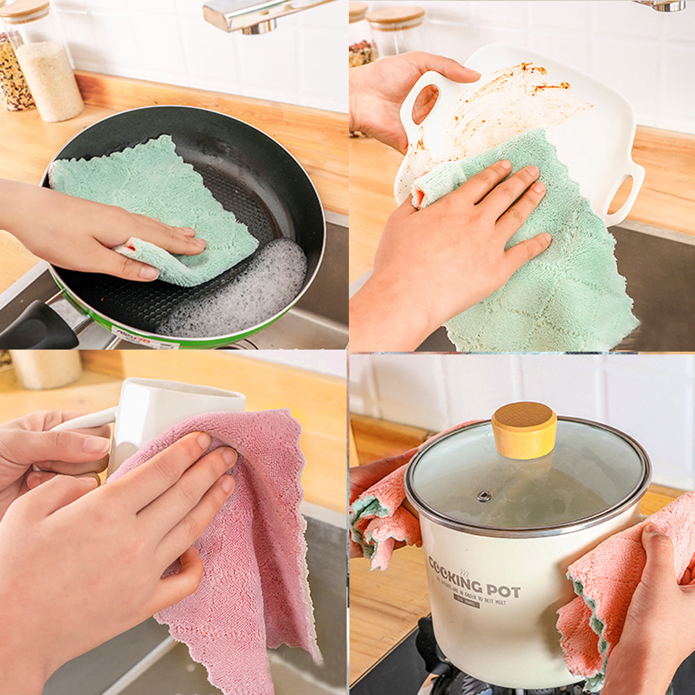 1/5pcs Double-layer Absorbent Microfiber Non-stick Oil  Kitchen Dish Cleaning Cloth