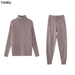 Women's Striped Turtleneck Sweater and Elastic Trousers Suits Knitted Two Piece Set