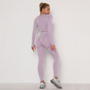 Seamless Women Long Sleeve Top High Waist Belly Control Leggings Sport Set