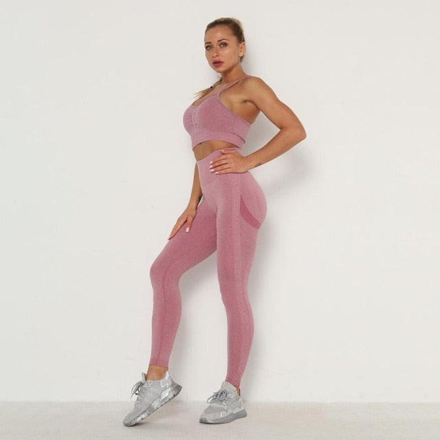 Seamless Women Long Sleeve Top High Waist Belly Control Leggings Sport Set