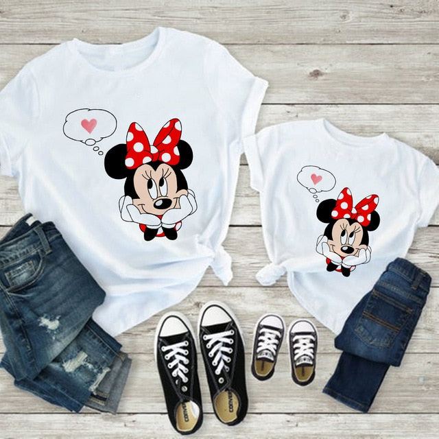 Tees Women Minnie Mouse Print Casual White Short Sleeve Mother and  Baby Girls  T-shirt