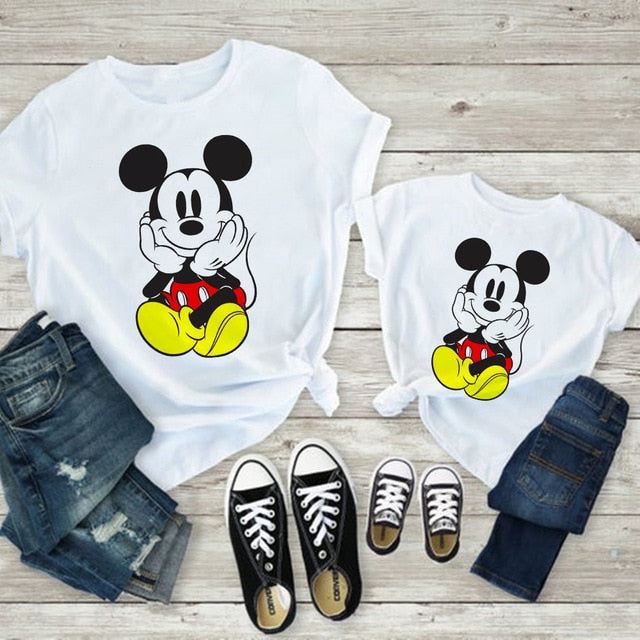 Tees Women Minnie Mouse Print Casual White Short Sleeve Mother and  Baby Girls  T-shirt