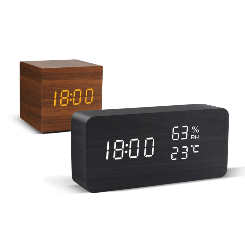 Table Voice Control LED Digital Wooden Alarm Clock