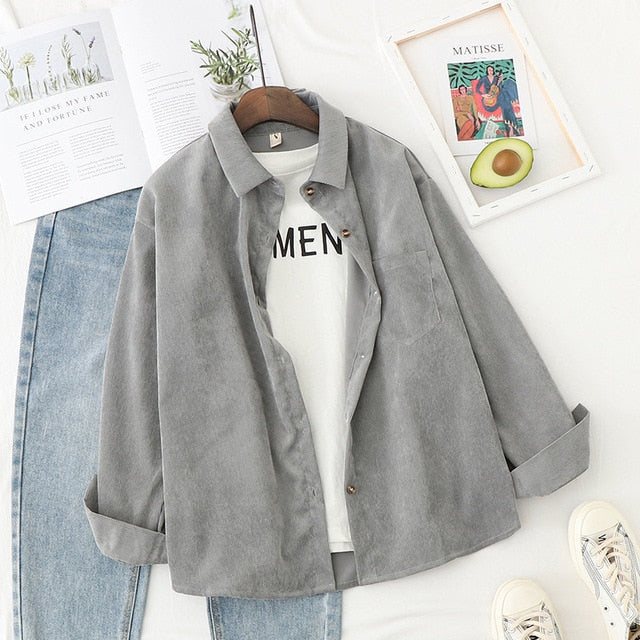 Long Sleeve Ladies Solid Loose Boyfriend Style Shirt