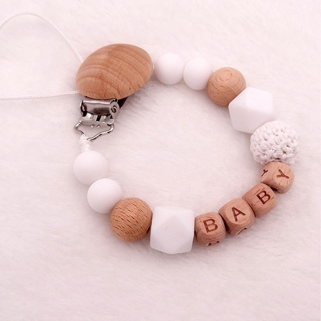 Free Personalized Name Silicone Wood Baby Teether Eco-friendly Pacifier Clips