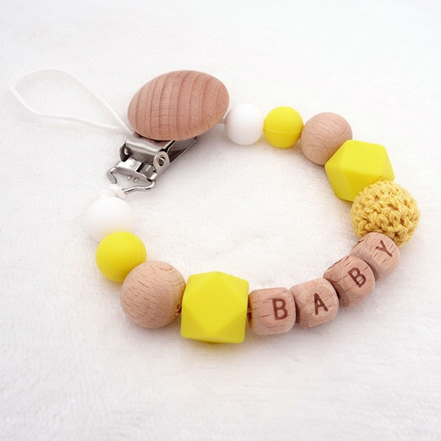 Free Personalized Name Silicone Wood Baby Teether Eco-friendly Pacifier Clips