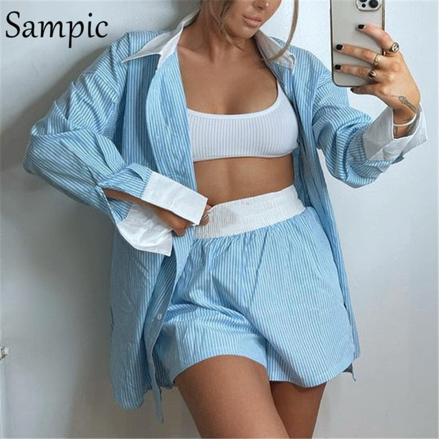 Stripe Long Sleeve Shirt Tops And Loose High Waisted Mini Shorts Two Piece Set